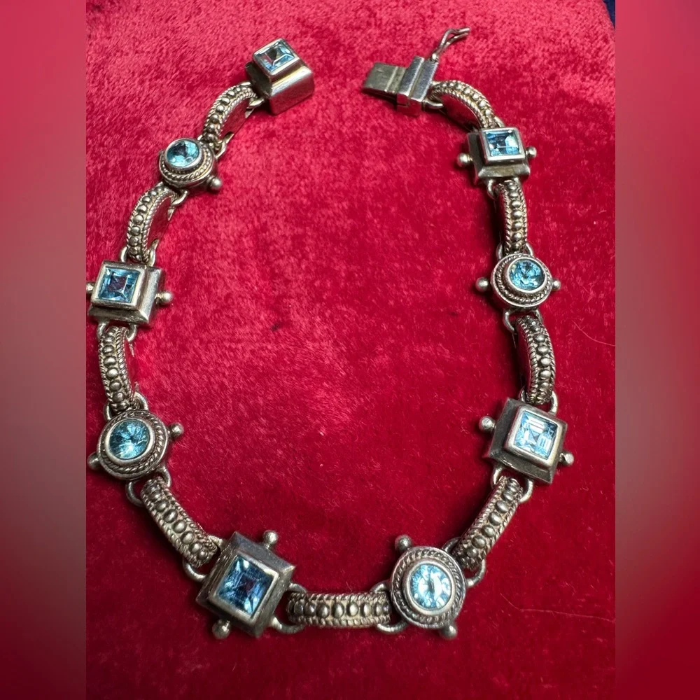 Bracelet Vintage 925 Sterling Silver Art Deco Brutalist Aquamarine Gemstone